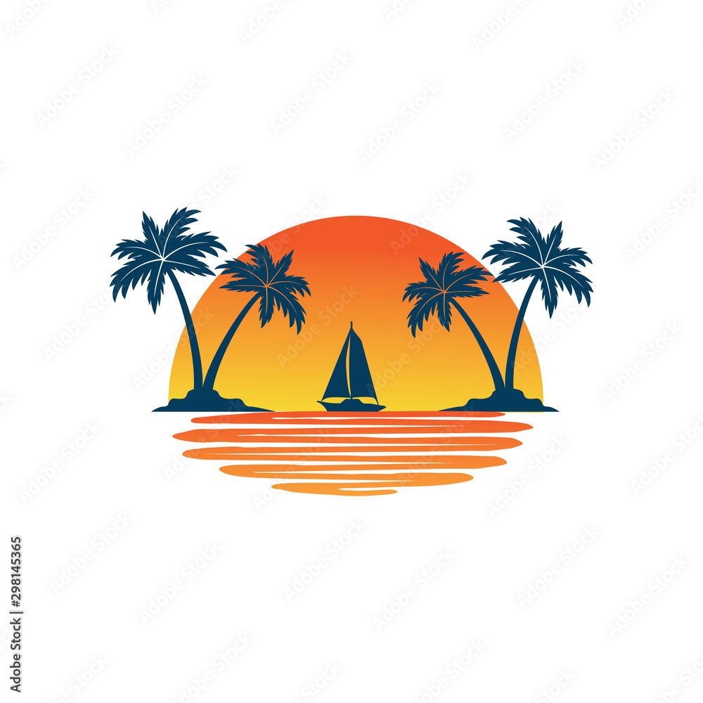 sailing boat in the horizon of sun and ocean between two coconut tree island summer theme vector logo design