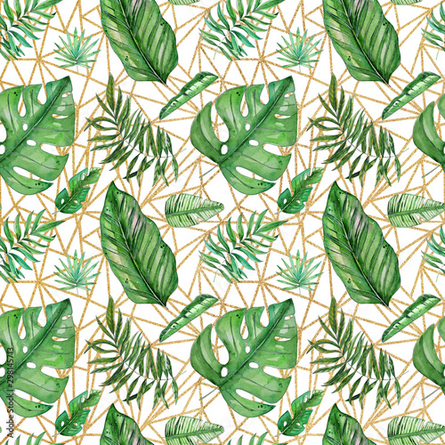 Hand painted watercolor tropical leaves and gold mosaic seamless pattern on white background. Ilustration for wedding invitations, greeting cards, postcards, children's books, textile, wallpapers.