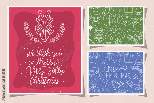 bundle of merry christmas cards with calligraphy and icons