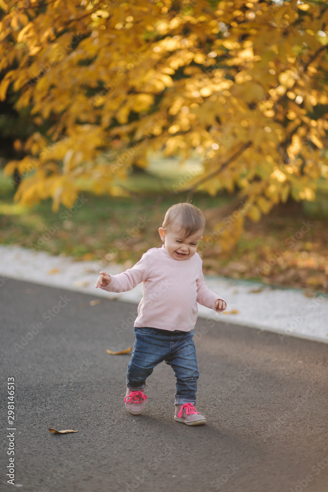Adorable little girl walk in the parl in october. Cute ten month baby walk. Beautiful happy girl. Autumn mood Adorable little girl walk in the parl in october. Cute ten month baby walk. Beautiful happy girl. Autumn mood
