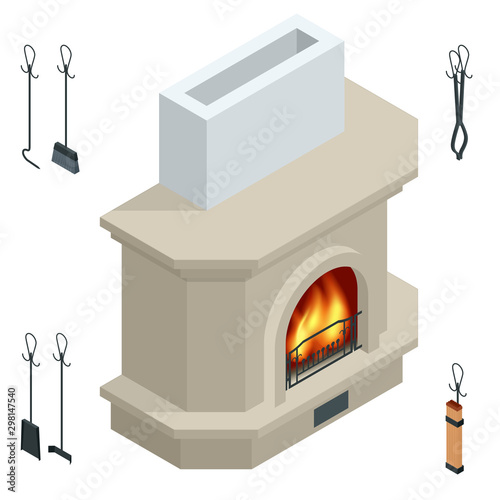 Isometric fireplace of brick, stone isolated on white. Fireplace for the relaxing ambience, and for heating a room. Modern fireplace.