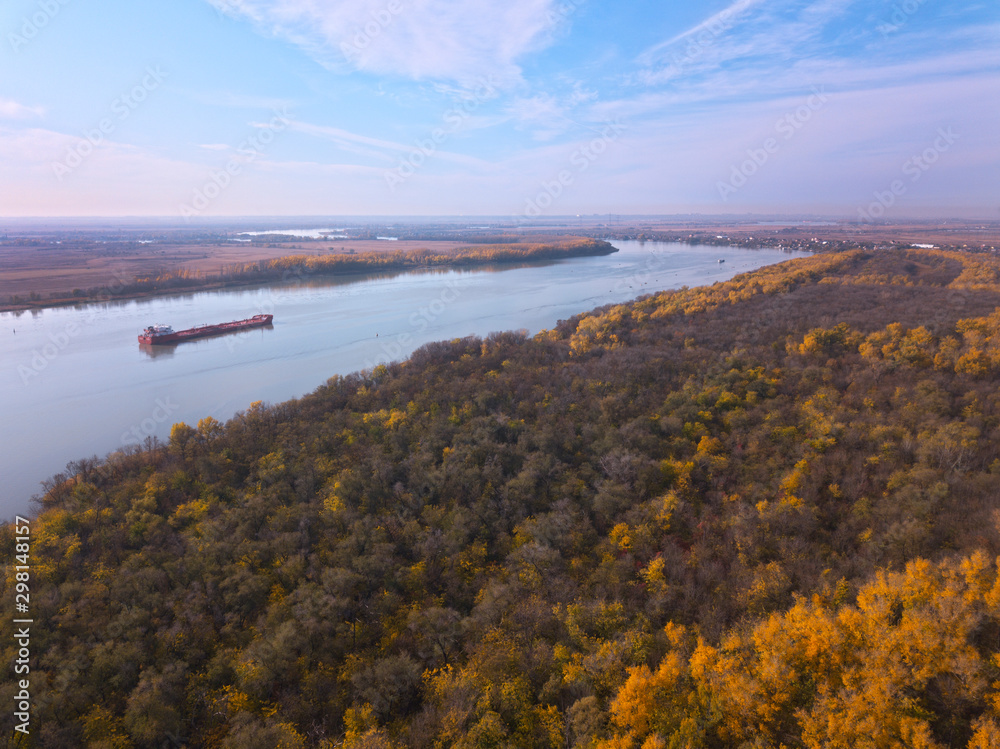 Aerial  shot of the autumn forest and river Don. Russia. Rostov region.