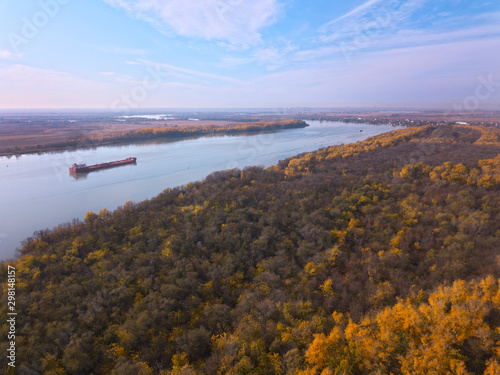 Aerial  shot of the autumn forest and river Don. Russia. Rostov region.