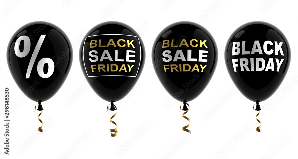 Set of balloons with the words black friday, sale, percentage