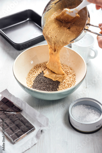 Food: Peanutbutter bars with puffed Quinoa, chocolate and salt photo