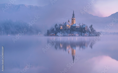 Church reflecting in Lake Bled, Slovenia