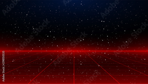 Newretrowave sci-fi red laser perspective grid background in starry space. Retrofuturistic cyber laser landscape.