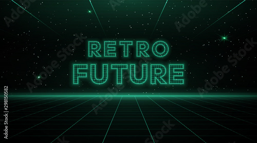 Retrofuturisitic sci-fi green laser perspective grid background in starry space. Retrowave cyber laser landscape.