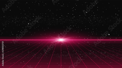 Retrowave style red laser perspective grid with flash light on horizon on starry space background. Retrofuturistic cyber laser landscape.