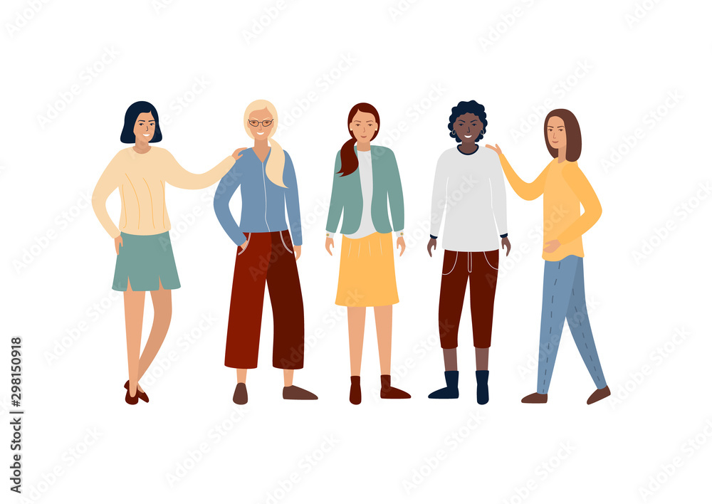 Happy young women are standing together. A group of 5 girls, a female team, friendship, a union of feminists, sisterhood, multi-ethnic. Flat cartoon vector illustration isolated on white background. Happy young women are standing together. A group of 5 girls, a female team, friendship, a union of feminists, sisterhood, multi-ethnic. Flat cartoon vector illustration isolated on white background.