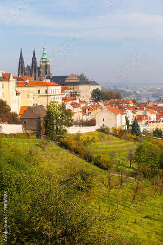 Autumn Prague City with gothic Castle and colorful Nature and Trees from the Hill Petrin, Czech Republic