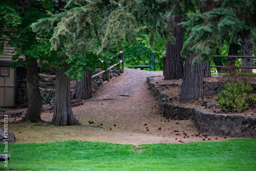 Lush Green Beautiful and Inviting Forested Park Path at Drake park in Bend Oregon