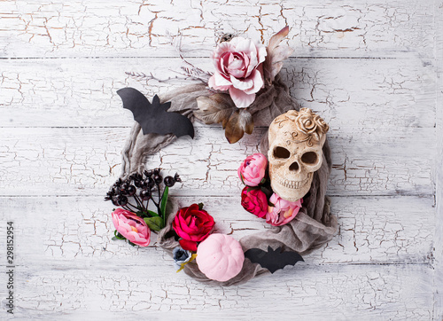 Fototapeta Naklejka Na Ścianę i Meble -  Halloween creative decor with skull