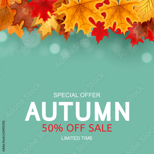 Abstract Vector Illustration Autumn Sale Background with Falling Autumn Leaves