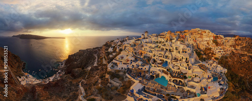 Aerial view of Thira city during the sunset, Santorini, Greece.