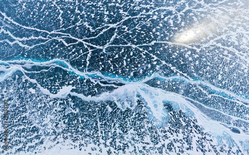 Aerial view above of frozen lake Baikal, Russia