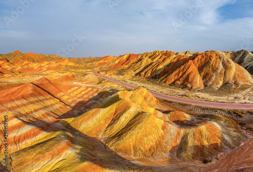 Aerial view of Colourful mountains of the Zhangye Danxia Geopark, China photo