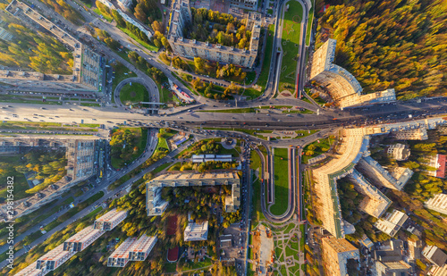 Aerial view above of Gagarin Square in Moscow, Russia