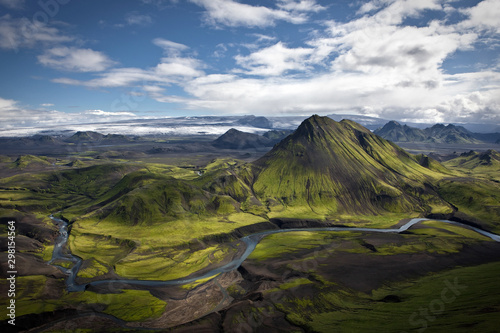 Aerial view of the green landscape in Iceland.