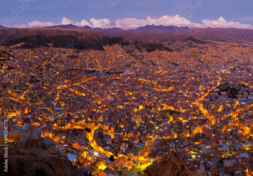 Aerial view of illuminated La Paz at night