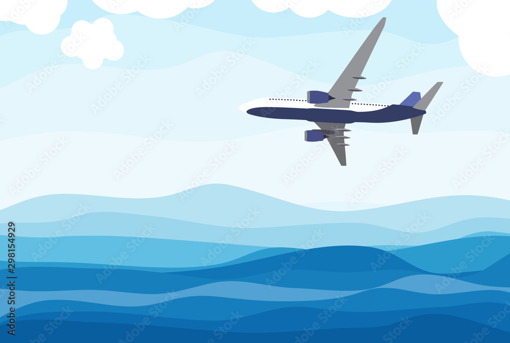 Flat airliner flying in the sky over the sea, ocean. Side view from the bottom. Vector illustration. Flat airliner flying in the sky over the sea, ocean. Side view from the bottom. Vector illustration.