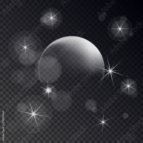 Concept of waning moon isolated on space background. Light effect of planet. Moon eclipse. Vector illustration.