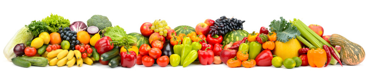 Panorama of multicolored fruits and vegetables isolated on white