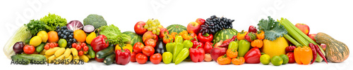 Panorama of multicolored fruits and vegetables isolated on white