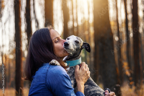 Photography Woman kissing her dog. Pet owner and whippet outdoors