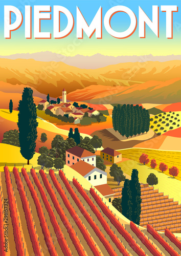 Romantic rural landscape in sunny day in Italy with vineyards, farms, meadows, fields and trees in the background.