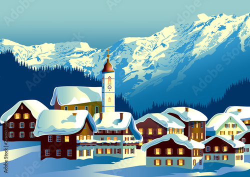 Winter rural landscape with a village under the snow in the foreground and forest and mountains in the background.