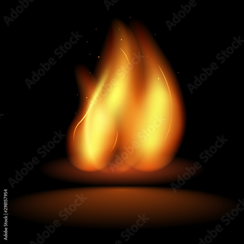 Realistic Fire Flames on black background. Hot fireball warm furnace fire blazing effect