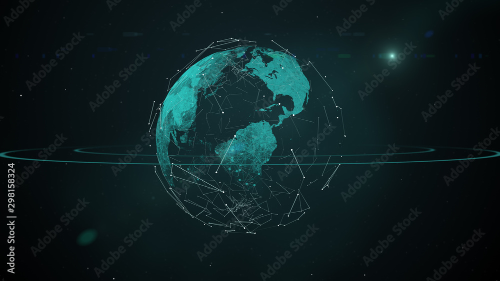 Mysterious transparent blue mainlands planet with orbit floating in dark space nebula.