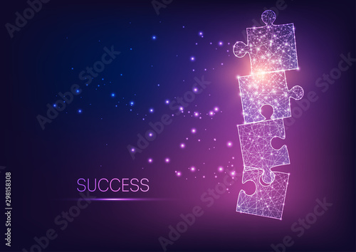 Futuristic glowing low polygonal jigsaw puzzle pieces as symbol of strategy, business solution.