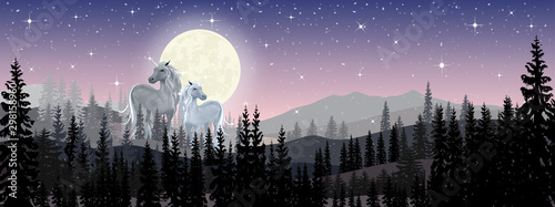 Panorama Wonderland landscape of couple unicorn standing in pine forest with starry night and full moon behind, Panoramic the two horses lover with full moon rising with stars in Winter night forest