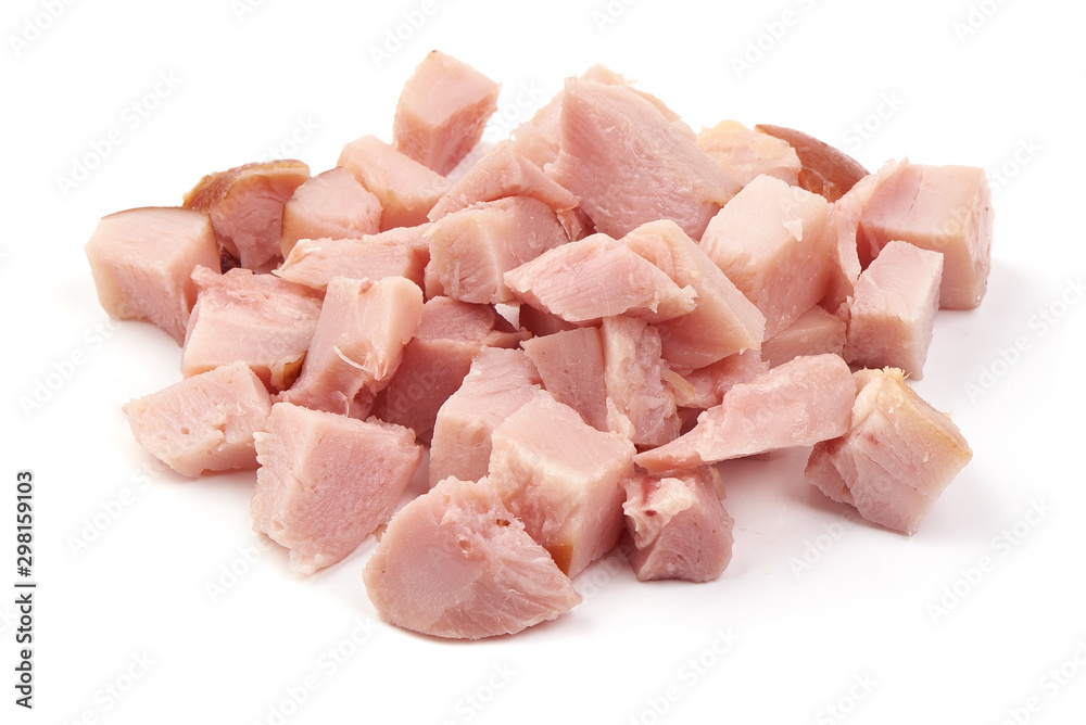 Smoked chicken fillet chunks, isolated on white background