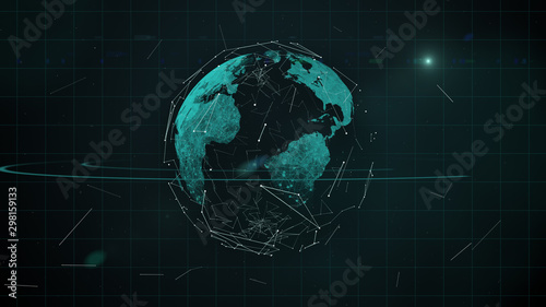 Abstract background with virtual planet rotating in space, surrounded by the net of data blocks.