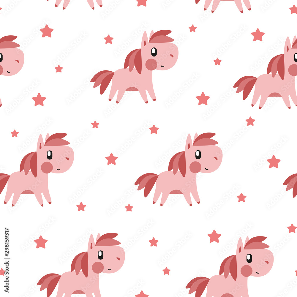 Fototapeta premium Pink pony and star pattern on white background