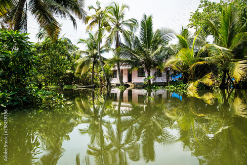 Fototapeta Naklejka Na Ścianę i Meble -  House in the Kerala backwaters in the lush jungle along the canal, Alappuzha - Alleppey, India