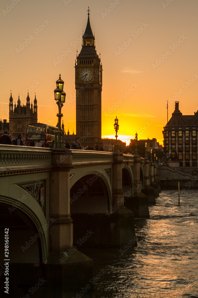 Cityscape of Big Ben and Westminster Bridge with river Thames at sunset London, UK
