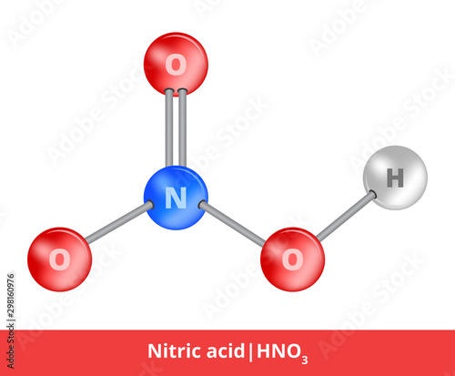 Vector ball-and-stick model of mineral acid. Icon of nitric acid HNO3 structure  consisting of nitrogen, oxygen and hydrogen. Structural formula suitable for education isolated on a white background. photo