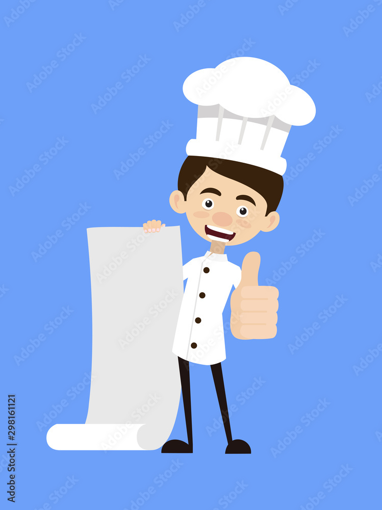 Chef Cartoon - Holding a Paper Scroll and Showing Thumbs Up Chef Cartoon - Holding a Paper Scroll and Showing Thumbs Up