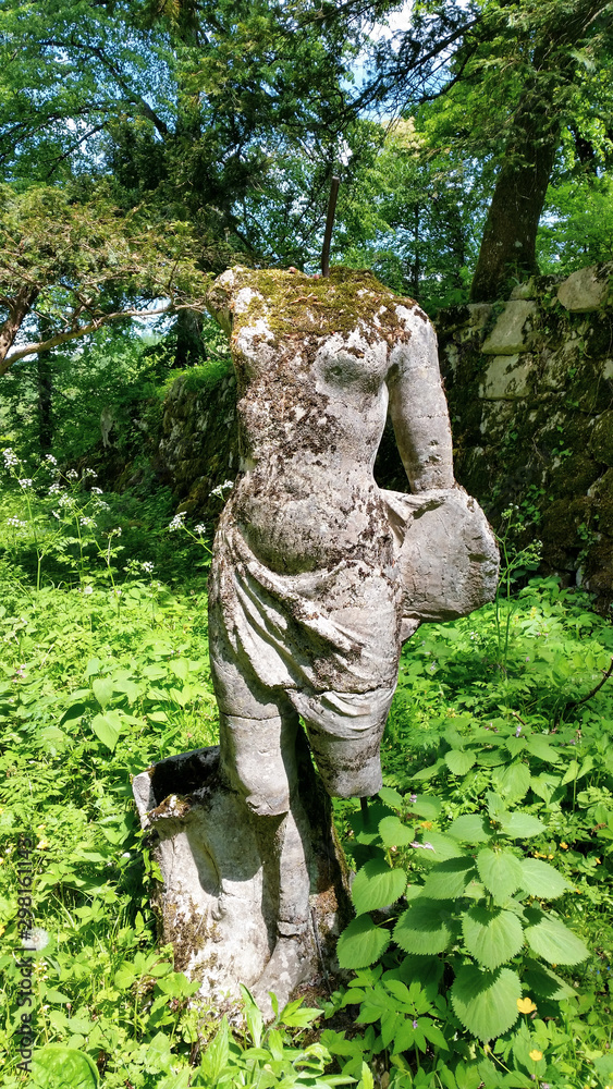 Statue of a woman in abandoned park. Frankopan Castle. Severin na Kupi. Croatia - obrazy, fototapety, plakaty 