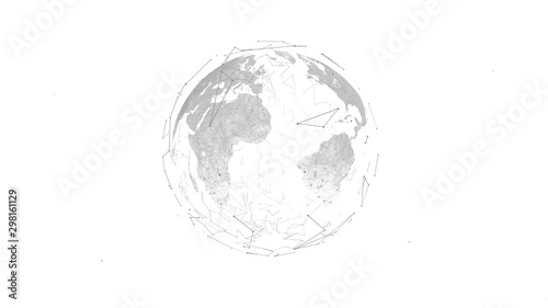 Planet Earth atlas white black illustration with geometric blockchain net all around the surface.