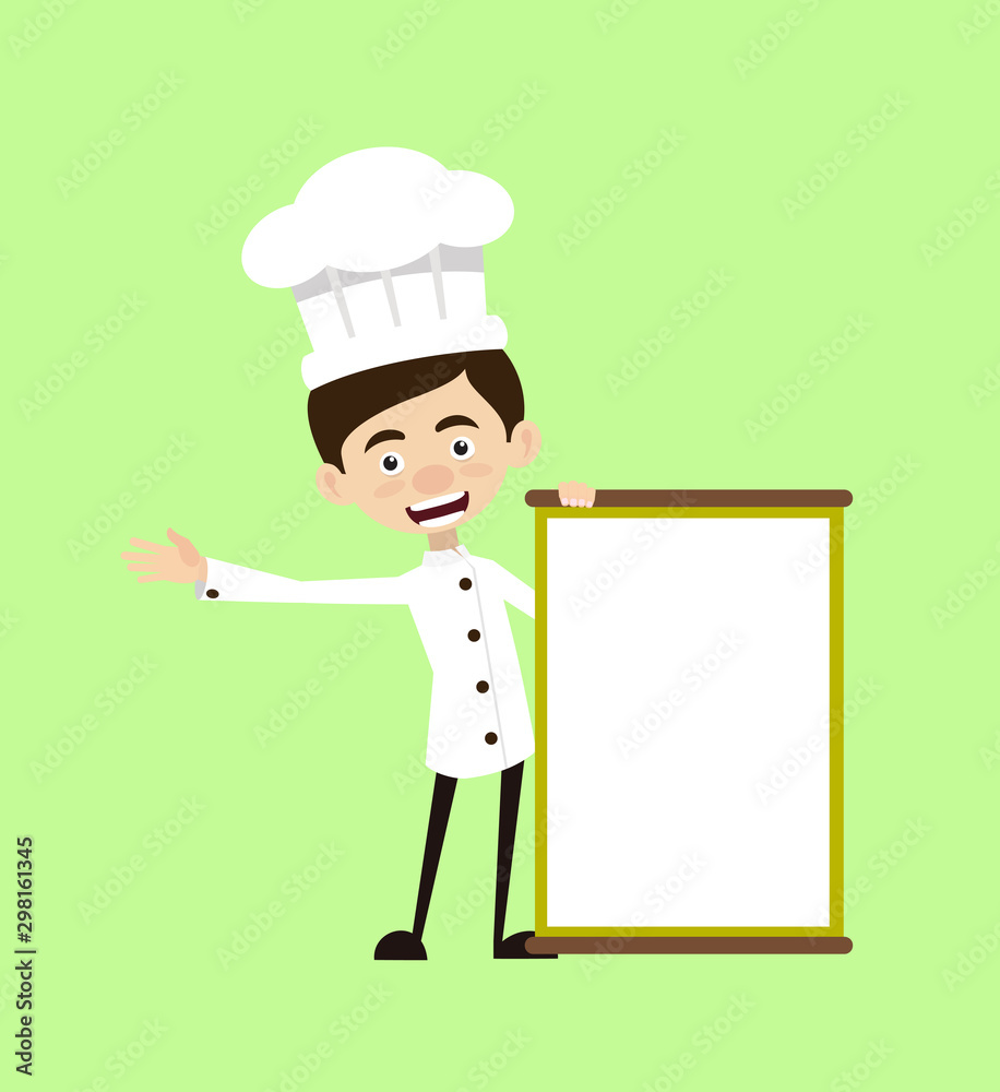 Chef Cartoon - Joyfully Presenting a Blank Board Chef Cartoon - Joyfully Presenting a Blank Board