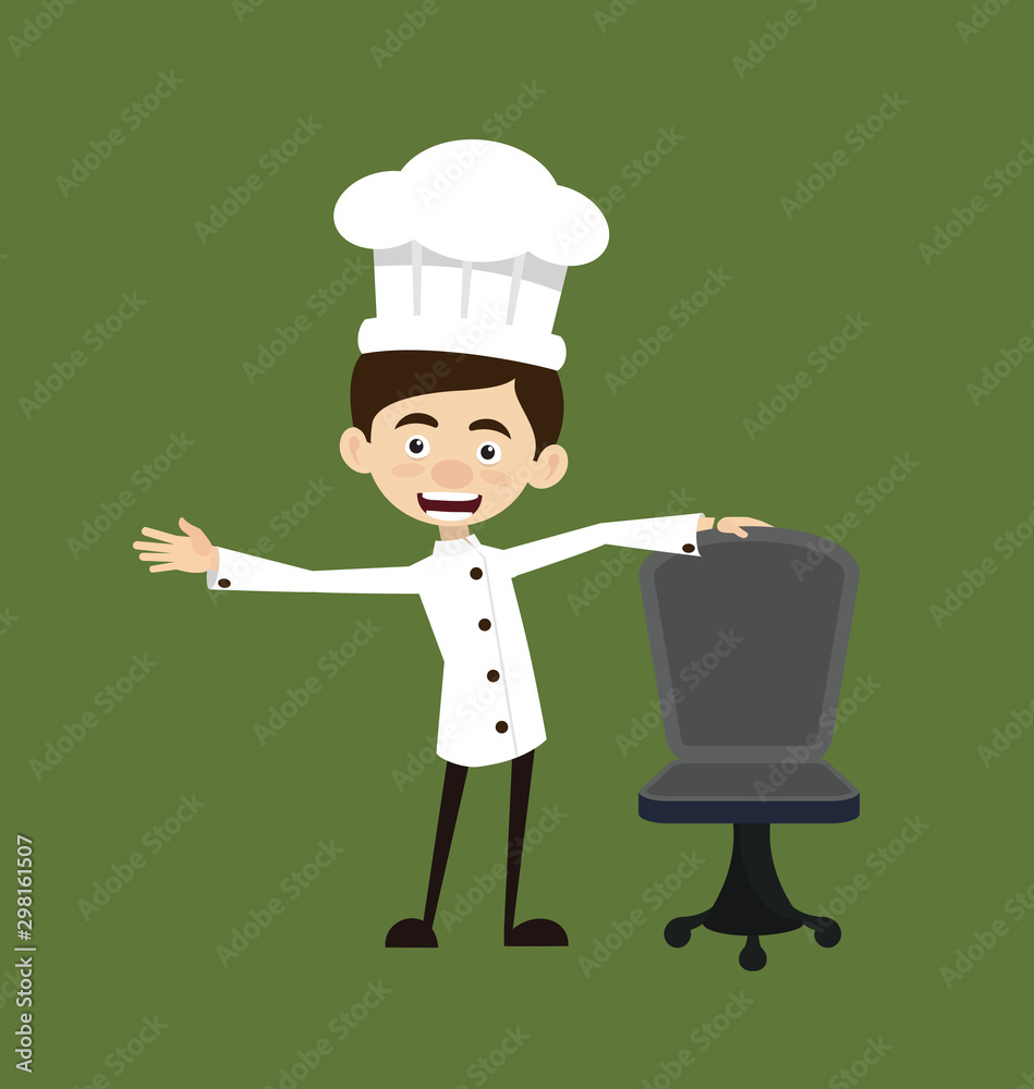 Chef Cartoon - Standing with Chair and Gesturing with Hand Chef Cartoon - Standing with Chair and Gesturing with Hand