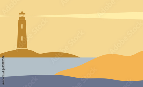 Lighthouse. Seascape. Vector flat image.