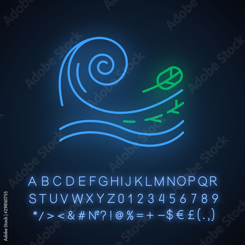 Tsunami neon light icon. Sea storm. Water splash. Groundswell. Tide. Flash flood. Ocean heavy wave and leaf. Glowing sign with alphabet, numbers and symbols. Vector isolated illustration