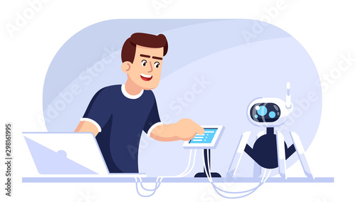 Engineer operating robot flat vector illustration. Robotic course. Computer technology. Coding, programming electronic toy. Caucasian man testing bot with laptop and tablet cartoon character