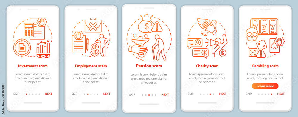 Scam types onboarding mobile app page screen vector template. Walkthrough website steps with linear illustrations. Investment and employment fraud. UX, UI, GUI smartphone interface concept